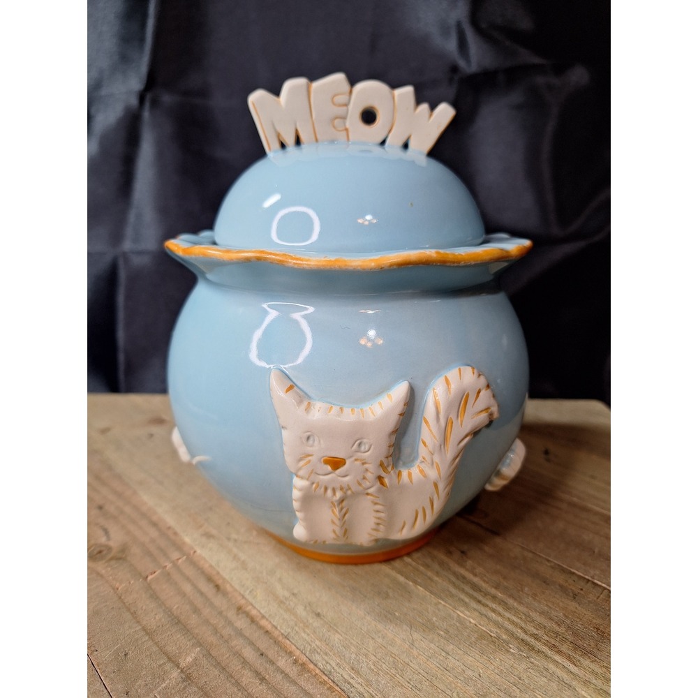 Car Ceramica Blue Cat Treat Jar Meow Lid 3D Relief Fish Bone Bird Stoneware